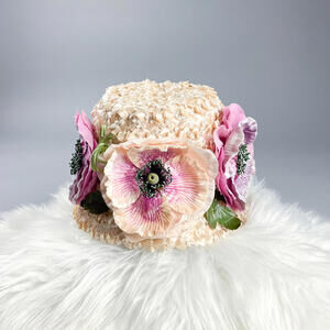 Vintage Floral Embellished Bucket Hat, Woven Straw